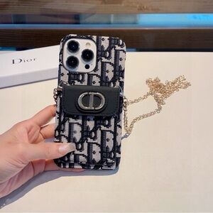 Dior Monogram Black and White Phone Case with Gold Chain